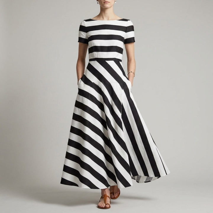 A-Line Ankle-Length Striped Maxi Dress with Pockets for Women – Stylish & Comfortable