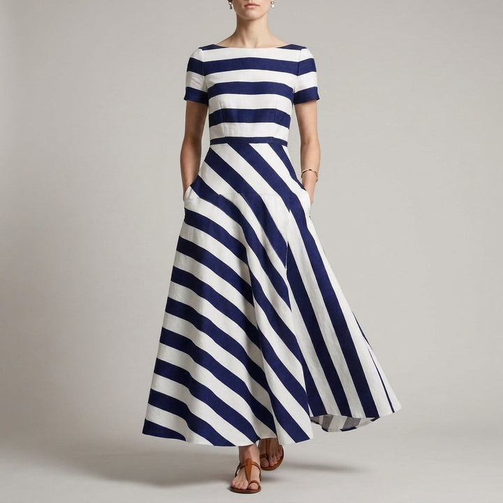 A-Line Ankle-Length Striped Maxi Dress with Pockets for Women – Stylish & Comfortable