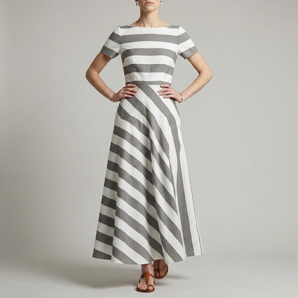 A-Line Ankle-Length Striped Maxi Dress with Pockets for Women – Stylish & Comfortable