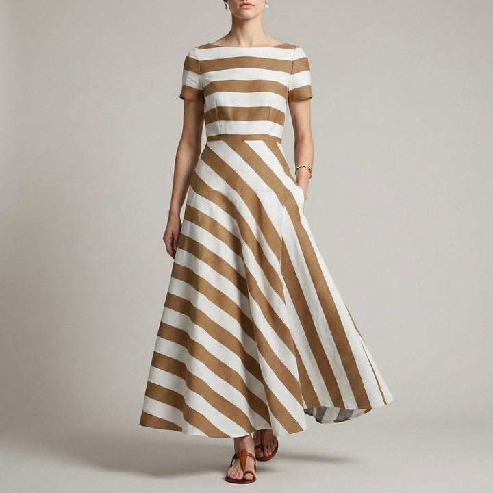 A-Line Ankle-Length Striped Maxi Dress with Pockets for Women – Stylish & Comfortable