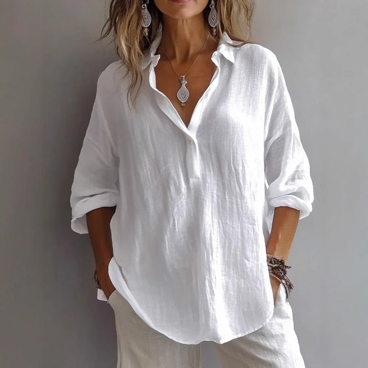 Women’s Casual Linen Shirt with Button Placket and Wide Sleeves