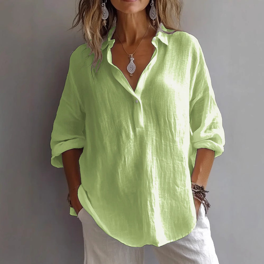 Women’s Casual Linen Shirt with Button Placket and Wide Sleeves
