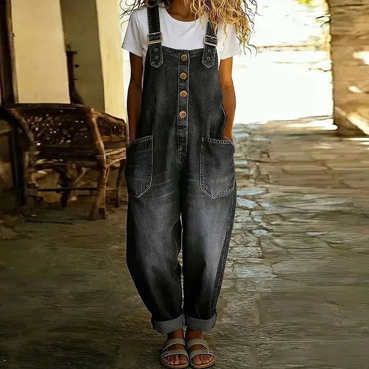 Saylor - Vintage Soft Cotton Denim-Look Dungarees with Adjustable Straps