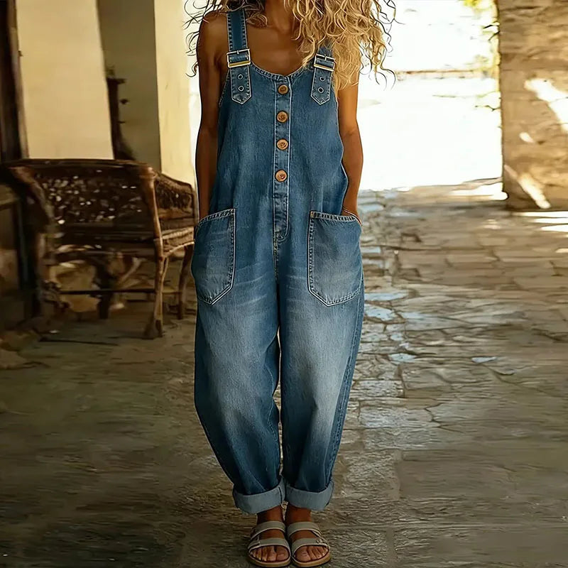 Saylor - Vintage Soft Cotton Denim-Look Dungarees with Adjustable Straps