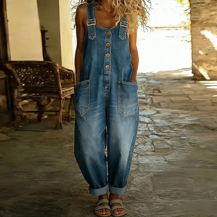 Saylor - Vintage Soft Cotton Denim-Look Dungarees with Adjustable Straps