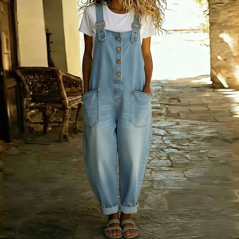 Saylor - Vintage Soft Cotton Denim-Look Dungarees with Adjustable Straps