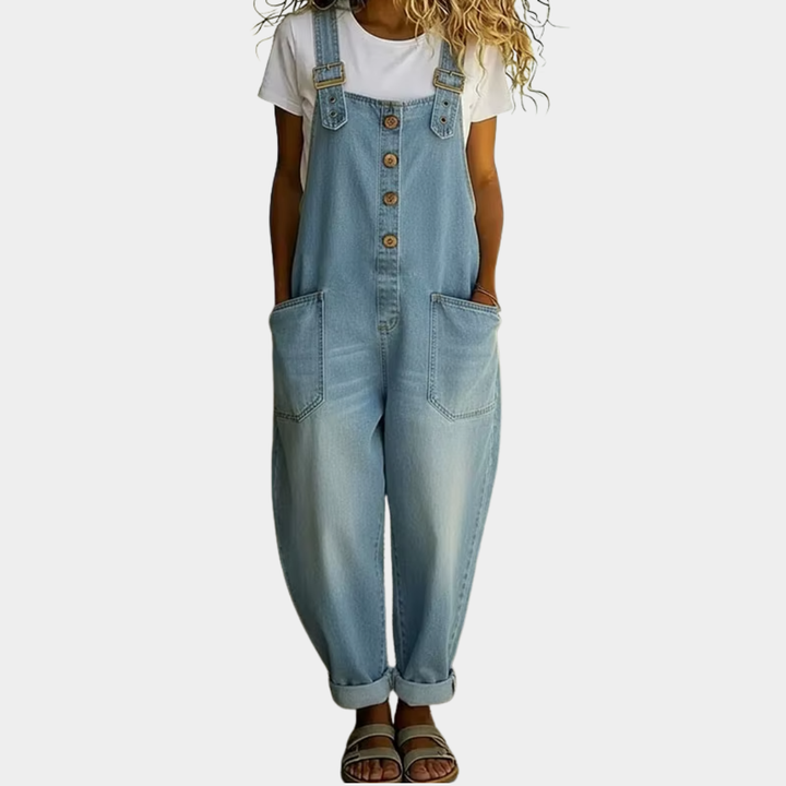 Saylor - Vintage Soft Cotton Denim-Look Dungarees with Adjustable Straps