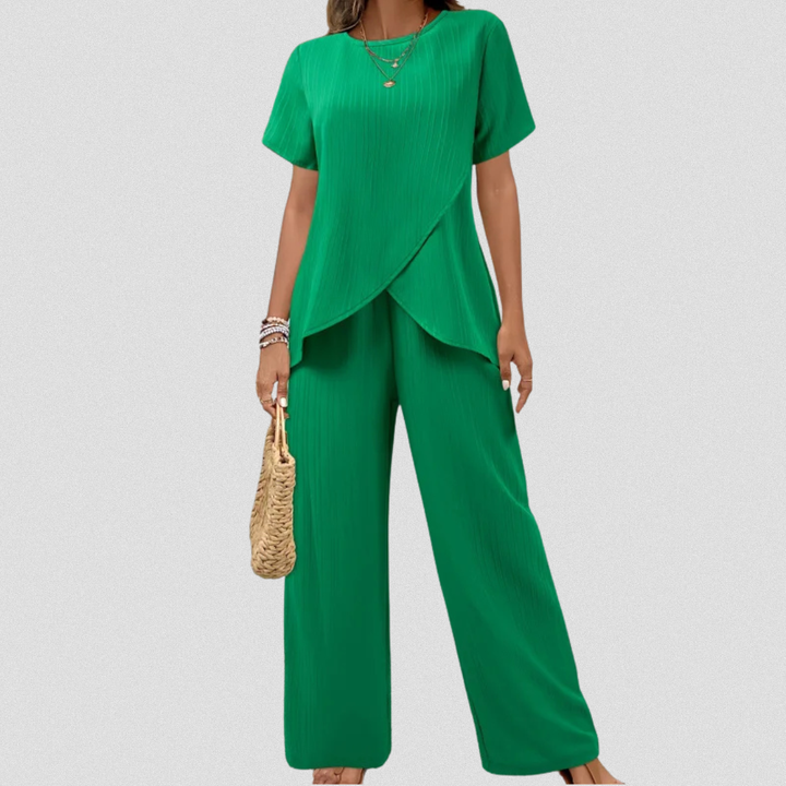 Lorrina™ Elegant Soft Two-Piece Set | Asymmetrical Blouse and Relaxed Pants