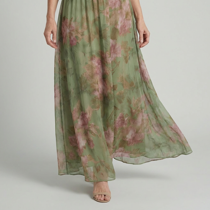 Serena™ | Long green dress with a floral print and a halter neck
